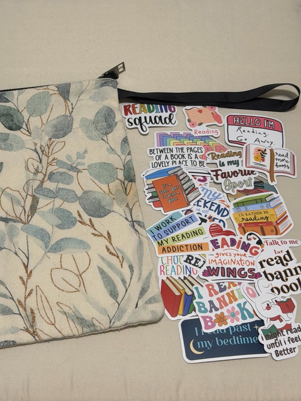 Floral Leaf Canvas Book Sleeve (in Green and Cream) With Several Book Stickers